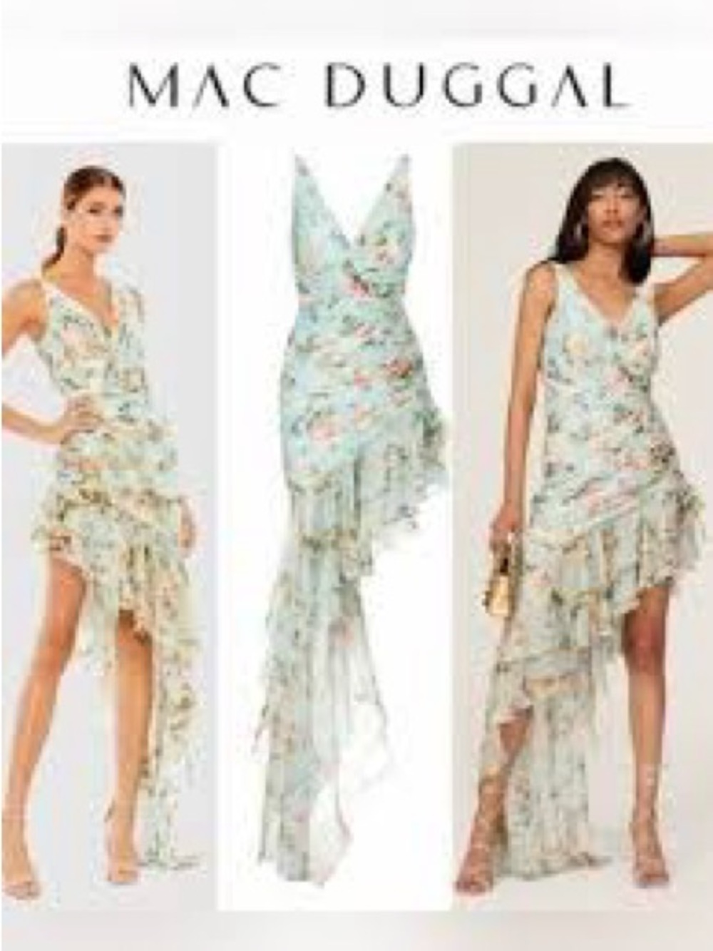 Mac Duggal Ieena Collection Floral Print Asymmetrical Ruffle Hem Dress Sz 4